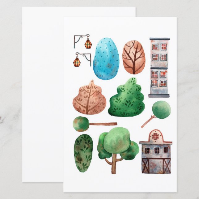 Bâtiments à l'aquarelle arbres à découper et colle (Devant / Derrière)