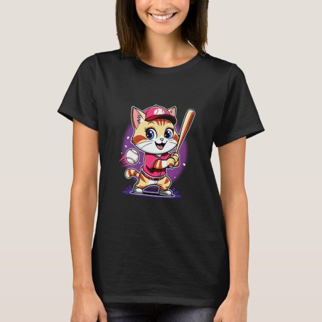 Batteur Gaucher Chat T-Shirts Mignon Softball Base (Devant)