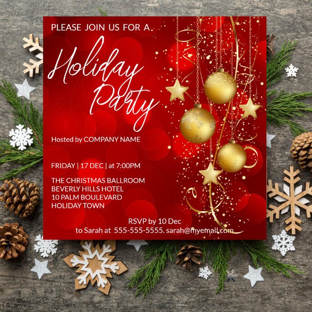 Baubles rouge et or arrière - plan Invitation de v (Christmas Holiday party editable template invitation digital download red baubles gold corporate )