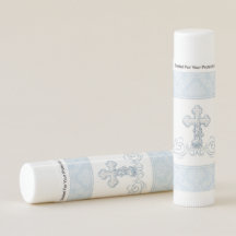 Baume à lèvres de baptême en damas bleu avec croix