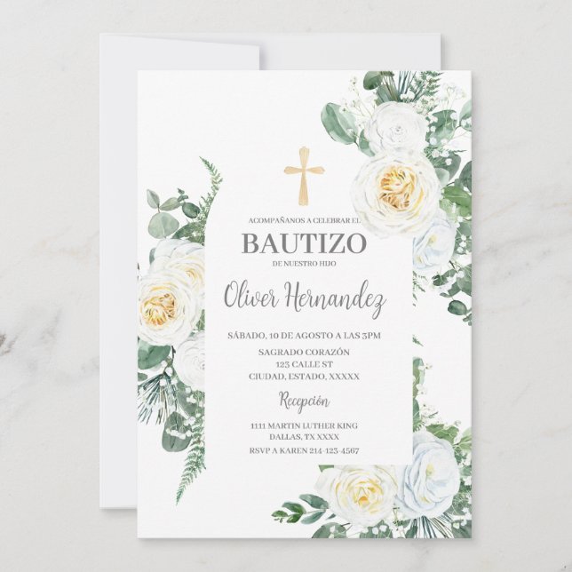 Bautizo Floral Blanc Invitation Espagnole (Devant)