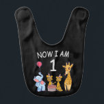 Bavoir Now I le 1er jour du Birthday<br><div class="desc">Joyeux anniversaire. Funny and lovely Kids Birthday design with a cute Elephant,  two ferrets and a girafe celebrating your birthday at the zoo.</div>