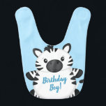 Bavoir Zebra Birthday Party Blue<br><div class="desc">Ce thème de design de la collection de Baby showers Zebra, avec un Zèbre tout simplement adorable sur une palette de couleurs rose, bleu ou vert, célèbre votre anniversaire et Baby shower très spécial. Personnalisez ceci plus loin avec les détails de votre fête d'anniversaire et de votre baby shower facilement...</div>
