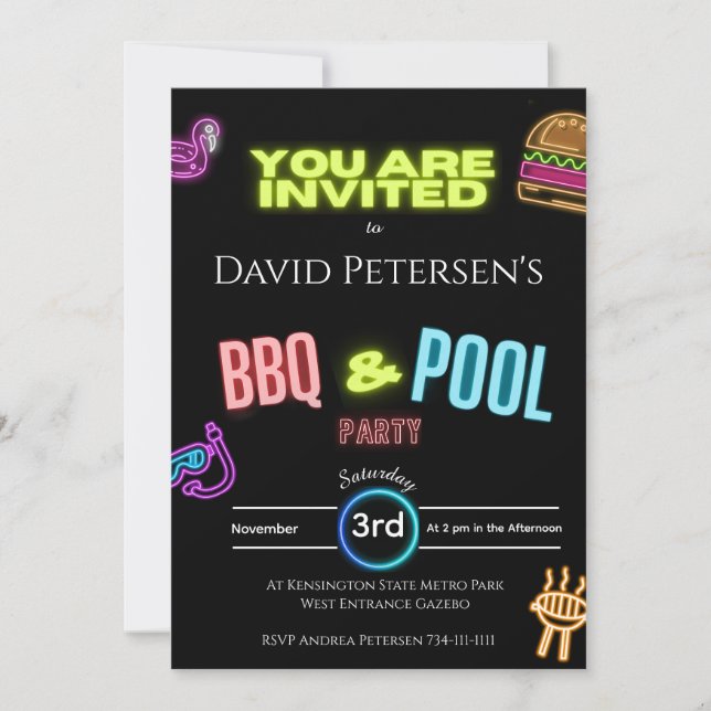 BBQ and Pool Party Neon Birthday Invitation (Devant)