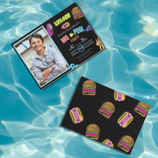 BBQ and Pool Party Neon Photo Birthday Invitation