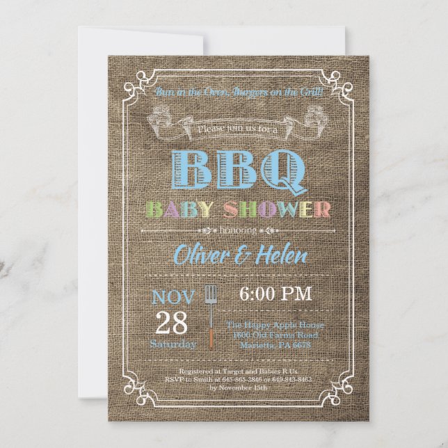 BBQ Baby shower Invitation Burlap Bleu (Devant)
