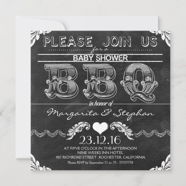 BBQ baby shower noir tableau noir invitations (Devant)