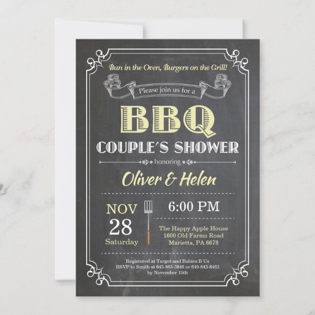 BBQ Couples Douche Invitation Chalkboard Jaune (Devant)