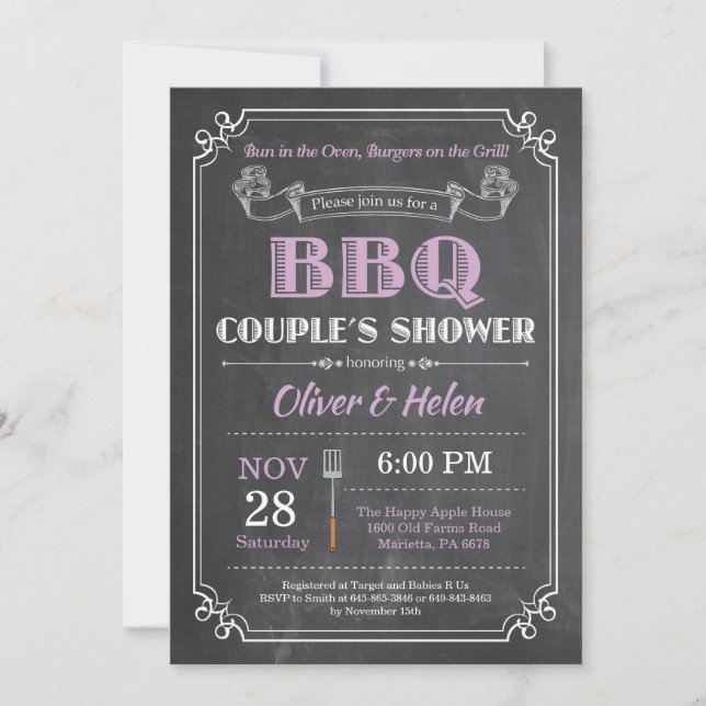 BBQ Couples Douche Invitation Chalkboard Violet (Devant)