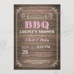 BBQ Couples Invitation Douche Bois Rustique Rose