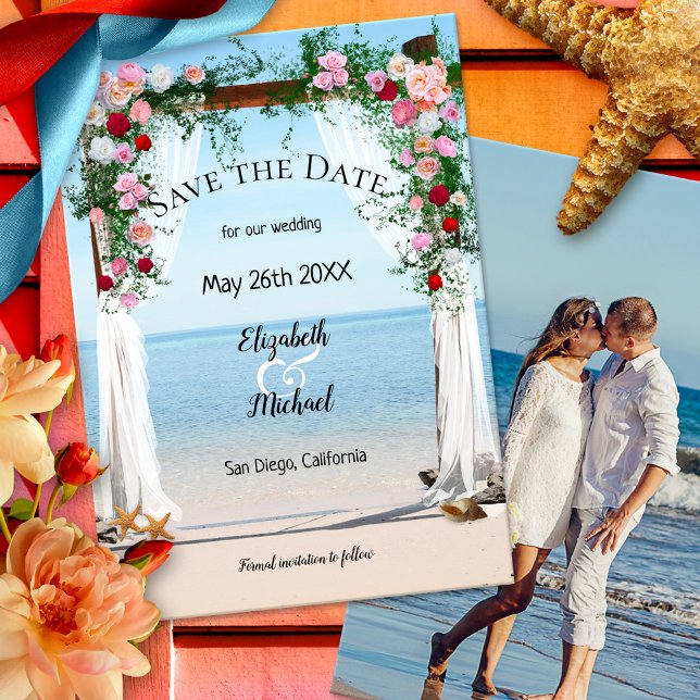 Beach Arbor Photo Wedding Enregistrer la Carte Dat (Save the Date card with a rose arbor at the beach and your custom photo)