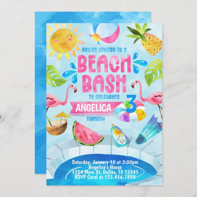 Beach Bash Pool Party Anniversaire Invitation Invi (Devant / Derrière)
