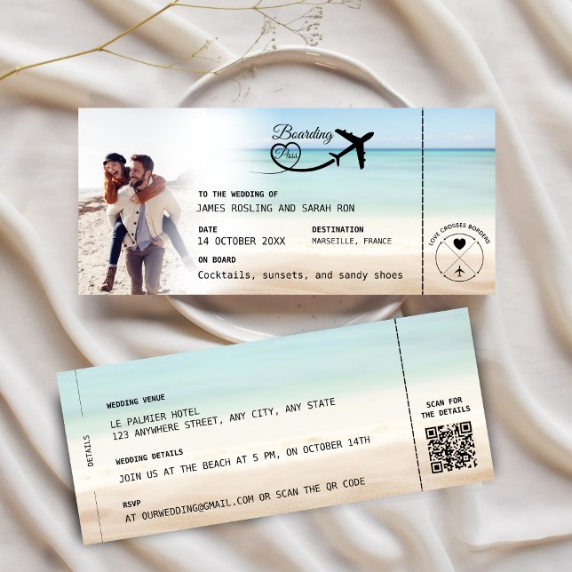 Beach Boarding Pass Wedding Invitation with QR Cod (Créateur téléchargé)