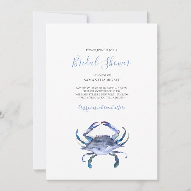 Beach Bridal Shower Invitations Watercolor Crab (Devant)