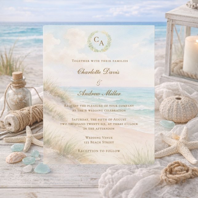 Beach coastal monogrammed wedding invitation (Créateur téléchargé)