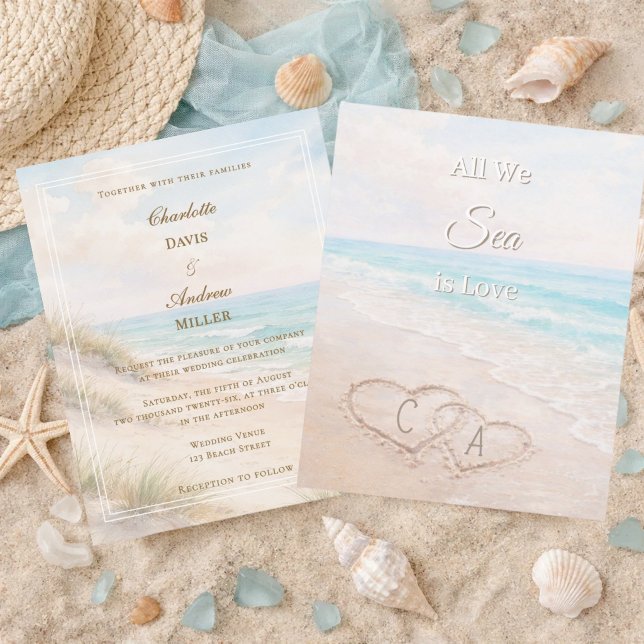 Beach hearts sand initials wedding invitation (Créateur téléchargé)