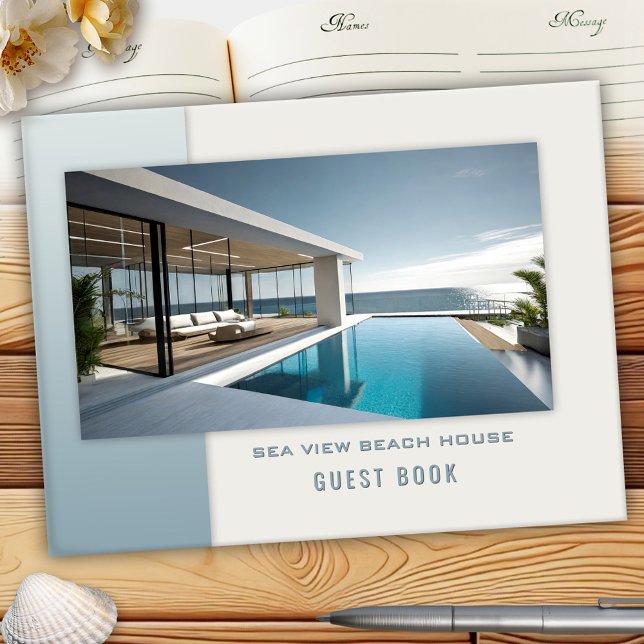 Beach House B et B Location de photo Livre d'or (Beach house guest book featuring your custom photo framed by a minimalist blue and ivory design)
