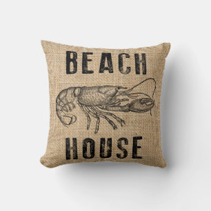 Beach House Homard Rustic Summer Burlap Coussin