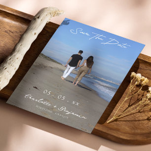 Beach Photo Save the Date - Couple Walking Shore