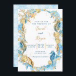 Beach Sand Elegant Faire-part de mariage Turquoise<br><div class="desc">Elégant or et aqua étoiles de mer turquoise,  cheval de mer,  corail et sable pétillant composent ce beau faire-part de mariage. Avec Des Polices De Script De Typographie Moderne. Une Plage Tropicale Été,  Mariage Destination,  Invitations Mariage Personnalisées !</div>