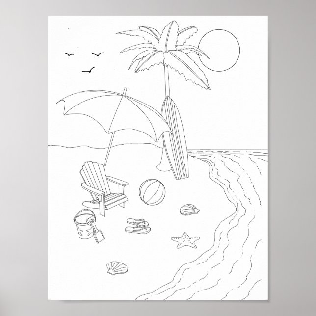 Beach Scene Adult Coloring Poster (Devant)