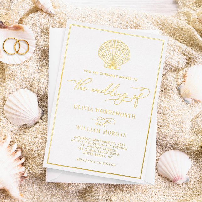 Beach Seashell Élégant Mariage Foil Invitation (Créateur téléchargé)