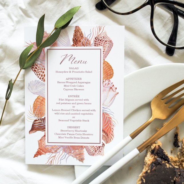 Beach Seashells Watercolor Coastal Chic Flat Menu (Créateur téléchargé)