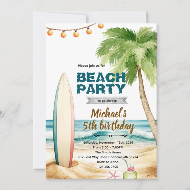 Beach surf theme invitation (Devant)