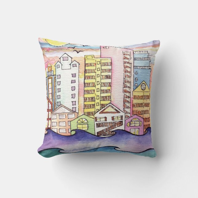 BEACH TOWN ON THE WATER Watercolor Coussin (Recto)