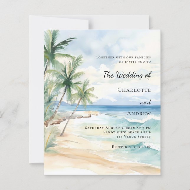 Beach tropical palm destination wedding invitation (Devant)
