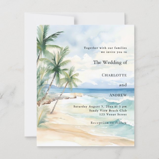 Beach tropical palm destination wedding invitation (Devant)