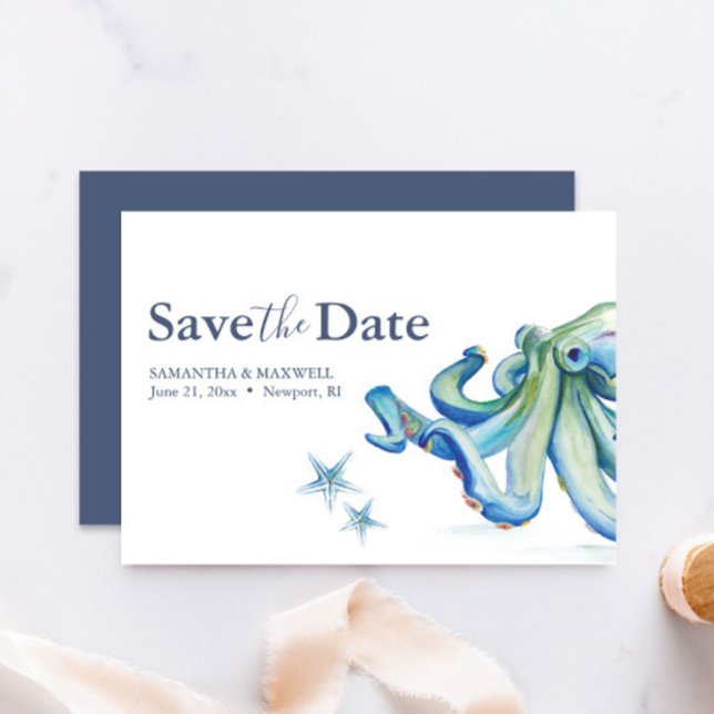 Beach Wedding Enregistrer La Carte Date Ocean (beach wedding save the date cards watercolor blue octopus by Victoria Grigaliunas of Do Tell A Belle)