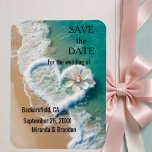 Beach Wedding Monogram Hearts in the Sand Magnet<br><div class="desc">Beach Wedding Monogram Hearts in the Sand Magnet Focus on the bride and groom names and initials in the beach sand, drawn inside a heart! Elegant Sand Hearts Beach Destination Wedding Matching set features Beautiful scenic landscape image of clear aqua turquoise ocean water, with white waves crashing on the sand...</div>