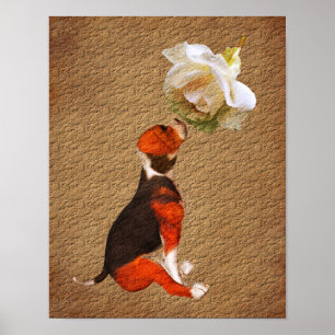 Beagle Puppy Rose Aged Paper Art Poster