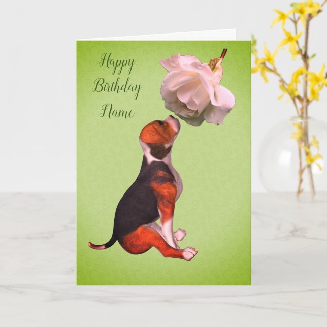 Beagle Puppy Rose Carte d'anniversaire personnalis (Fleur jaune)