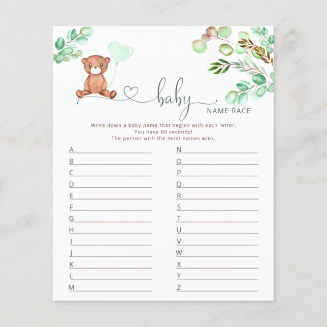 Bear baby nom race jeu de baby shower (Devant)