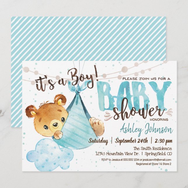 Bear Baby shower Boy, Invitation (Devant / Derrière)