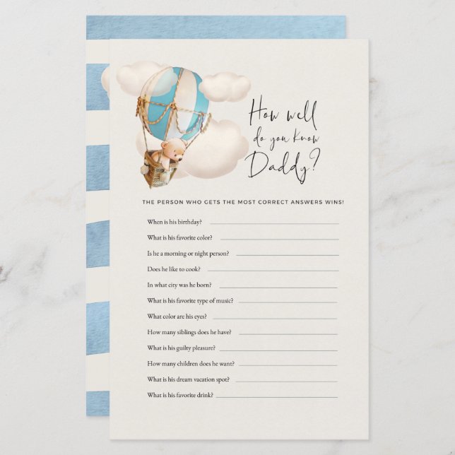 Bear Baby shower Game - Comme vous connaissez bien (Devant / Derrière)