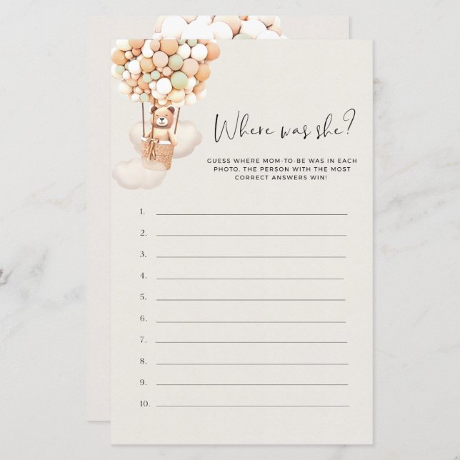 Bear Baby shower Game - Où Était-Elle ? (Devant / Derrière)
