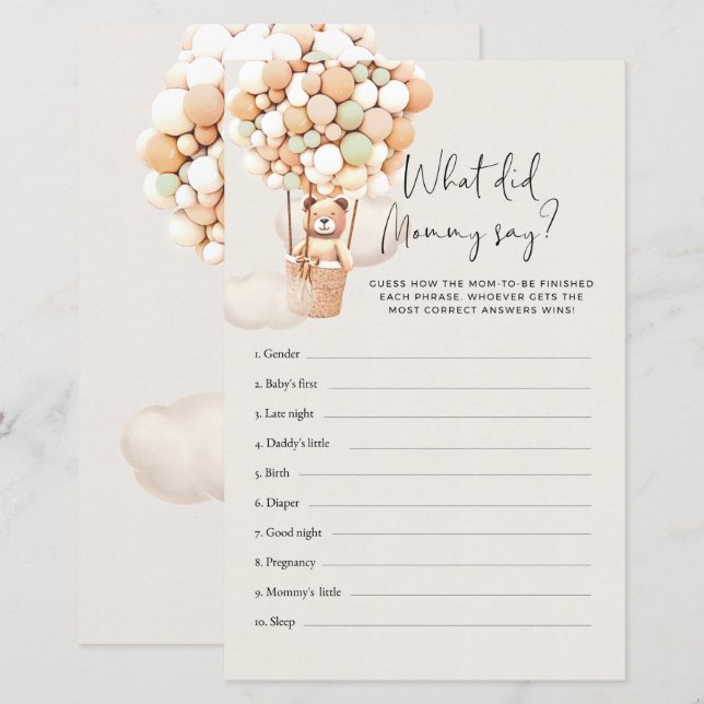 Bear Baby shower Game - Qu'A Dit Maman ? (Devant / Derrière)