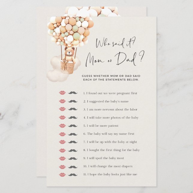 Bear Baby shower Game - Qui l'a dit - Maman ou Pap (Devant / Derrière)