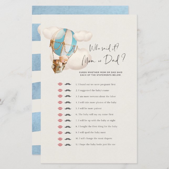 Bear Baby shower Game - Qui l'a dit? Maman Ou Papa (Devant / Derrière)