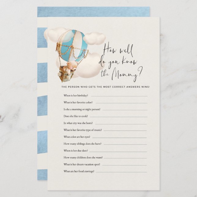 Bear Baby shower Game - Tu Connais Bien Maman ? (Devant / Derrière)