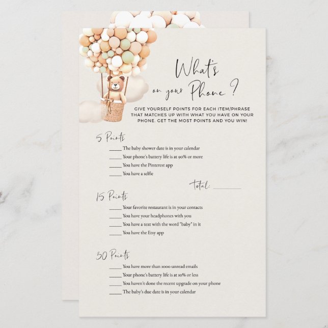 Bear Baby shower Game - What's On Your Phone? (Devant / Derrière)
