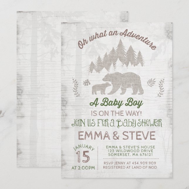 Bear Baby shower Invitation Garçon Aventure Douche (Devant / Derrière)