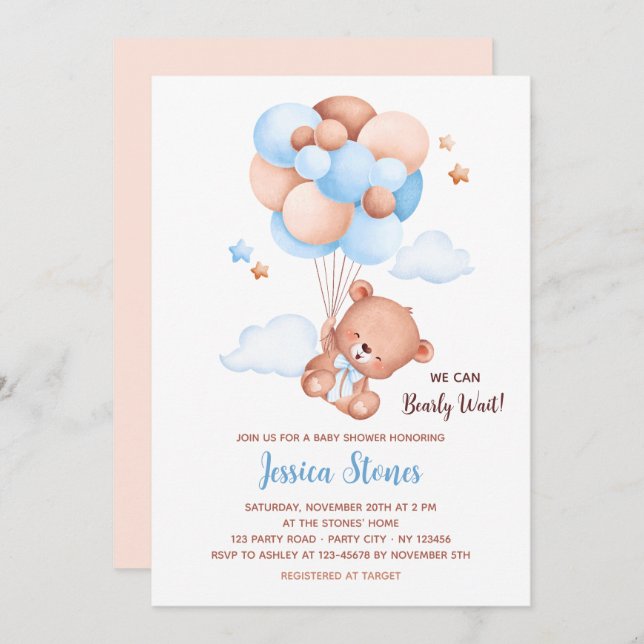 Bear Baby Shower Invitations - Balloon Sky Boys (Devant / Derrière)