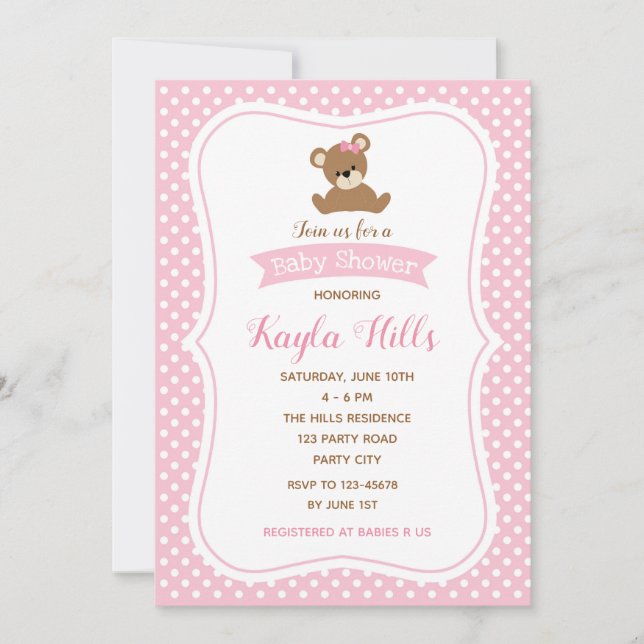 Bear Baby Shower Invitations (Girl) Pink Poka Dot (Devant)