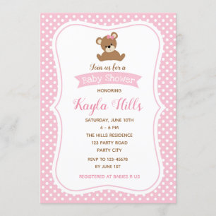 Bear Baby Shower Invitations (Girl) Pink Poka Dot