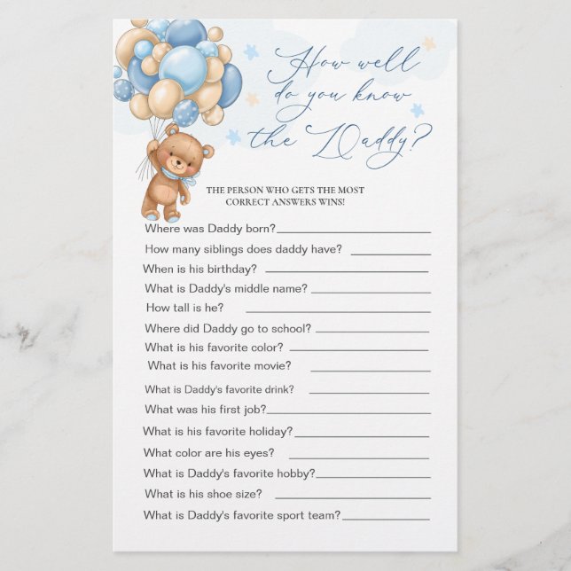 Bear Baby shower Jeu Comment Bien Connaissez-Vous  (Devant)