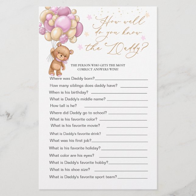 Bear Baby shower Jeu Comment Bien Connaissez-Vous  (Devant)